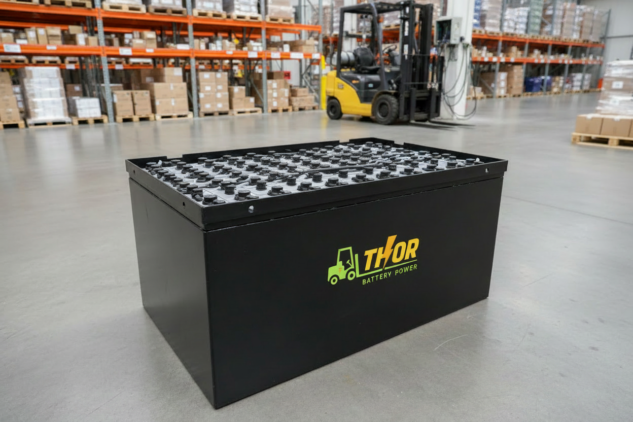 Forklift battery with Thor Battery Power branding - corrected